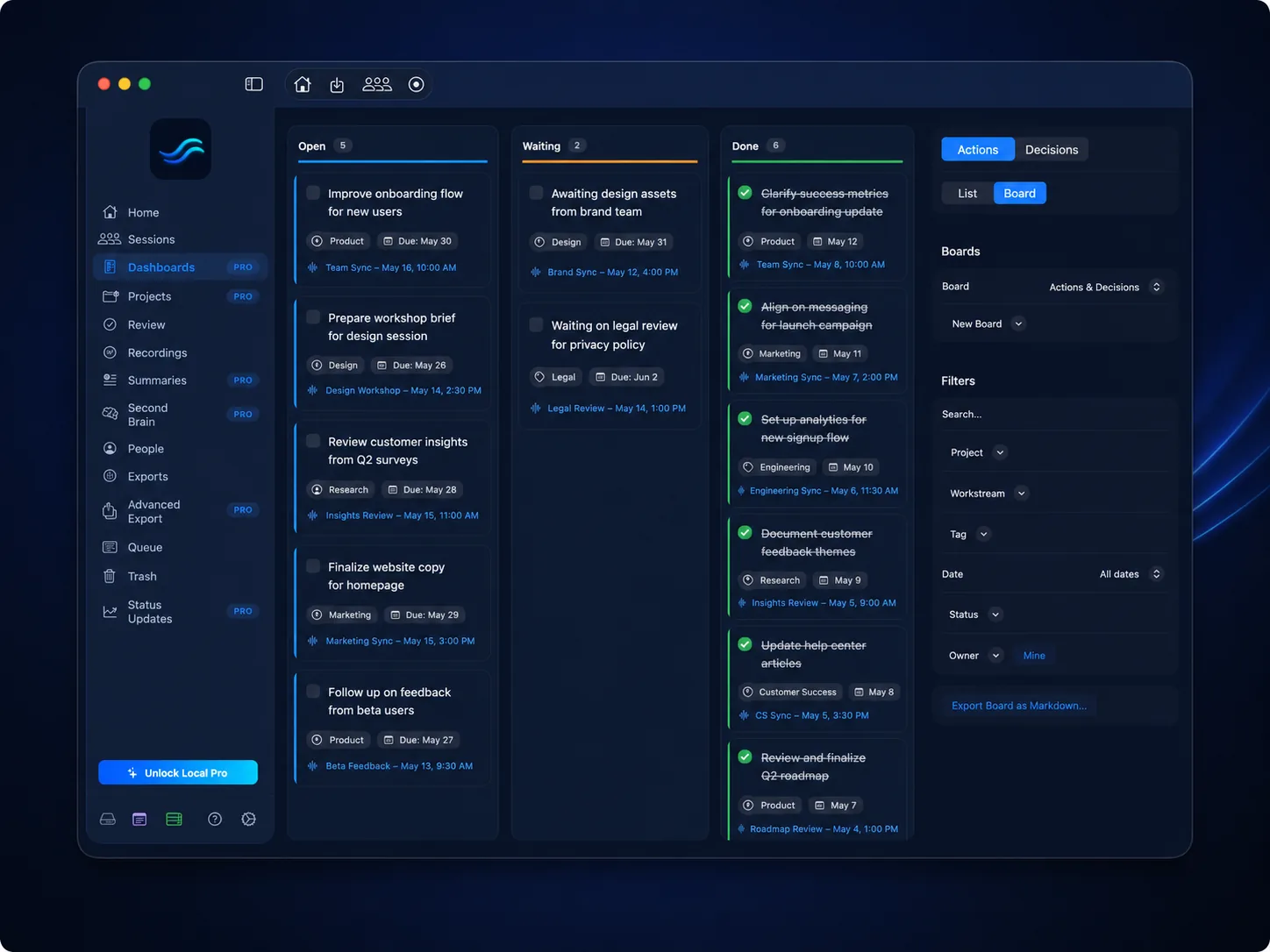 Strandweave action dashboard in board view with project and status filters.