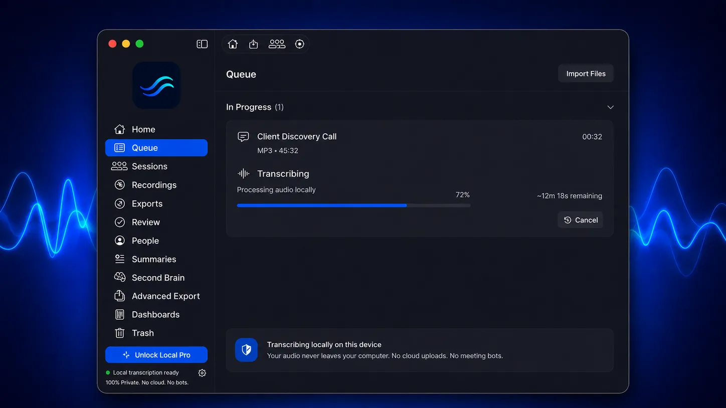 Strandweave queue showing local transcription progress and on-device processing status.