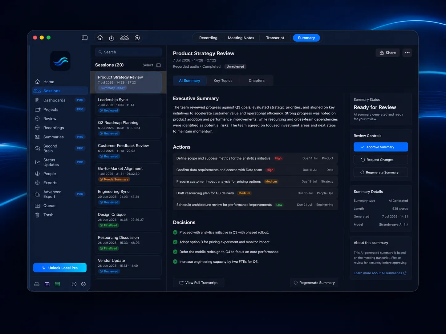 Strandweave summary review with actions, decisions and approval controls.
