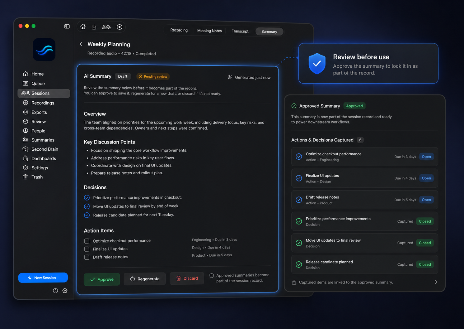 Strandweave review workflow showing an AI summary draft, approval controls and captured actions and decisions.